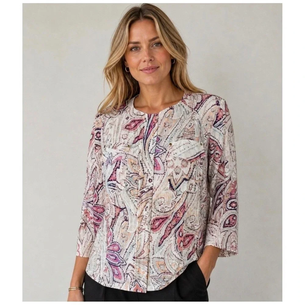 Chico's Linen Zip Up Jacket Shacket Sz 3 (XL) Boho Chic Coastal Paisley Career